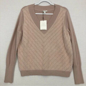 New Stella & Dot Mauve Cream V Neck Fuzzy Knit Long Sleeve Sweater Large